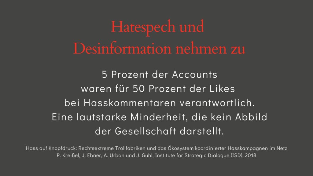 Studie "Hass auf Knopfdruck": 5 Prozent der Accounts waren für 50 Prozent der Likes auf Hasskommentare verantwortlich. Eine laute Minderheit, die kein Abbild der Gesellschaft darstellt.