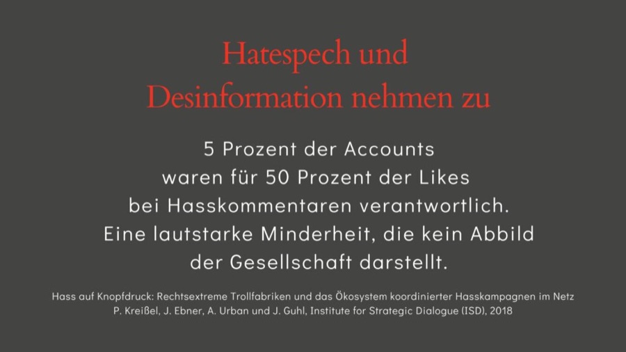 Vortragsfolie zur Studie Hass auf Knopfdruck: fünf Prozent der Accounts, die Hälfte der Likes