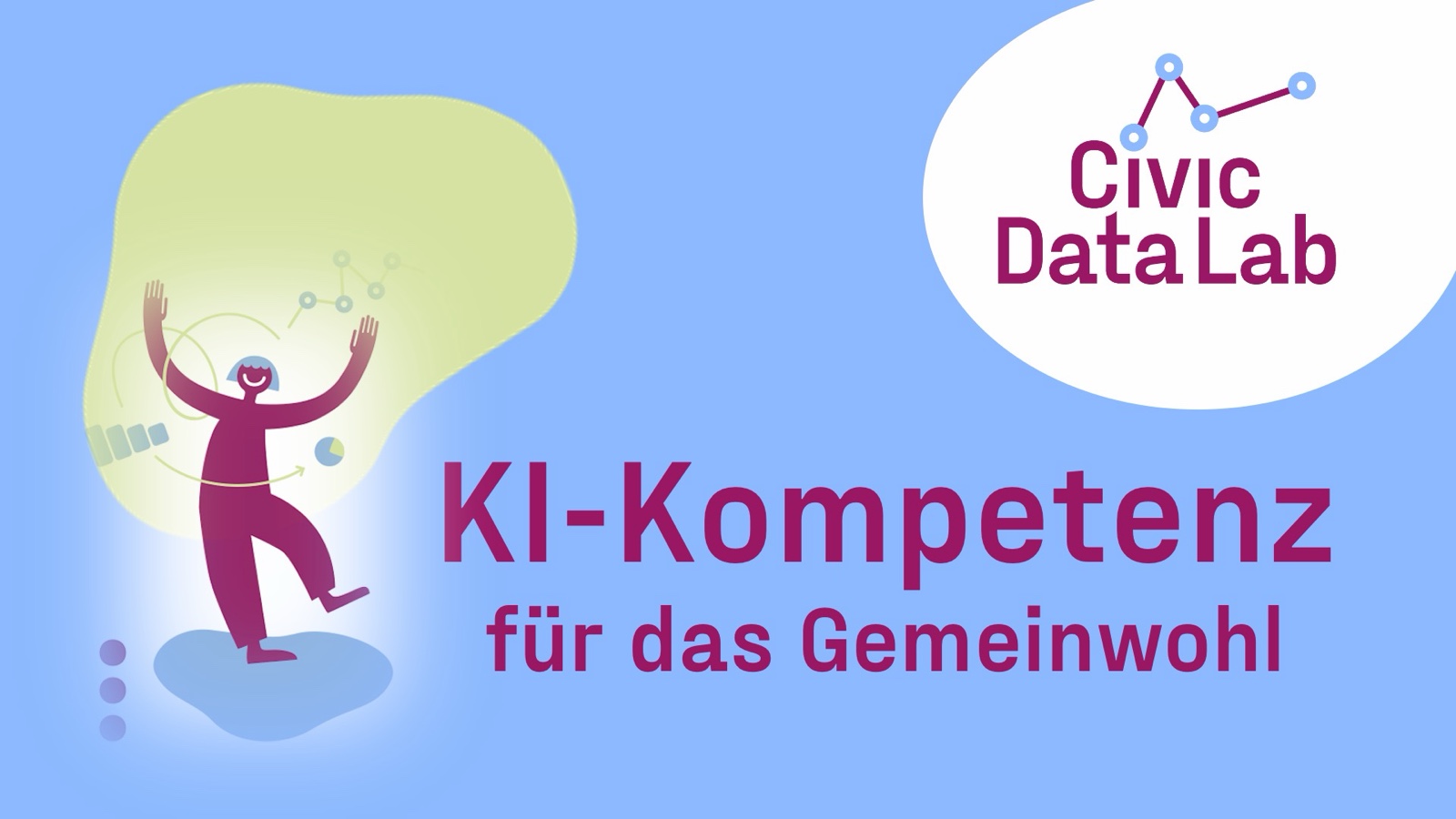 Kursgrafik: KI-Kompetenz für das Gemeinwohl, eine gezeichnete Person jongliert mit Datenpunkten, daneben das Logo des Civic Data Lab