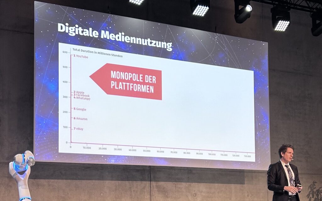 Die Grafik zeigt, der Traffic im Internet verläuft entlang der Y-Achse: Die großen Plattformen haben eine fast vollständige Monopolstellung. Foto aufgenommen beim Medienpolitischen Kongress im November 2024 in Stuttgart.