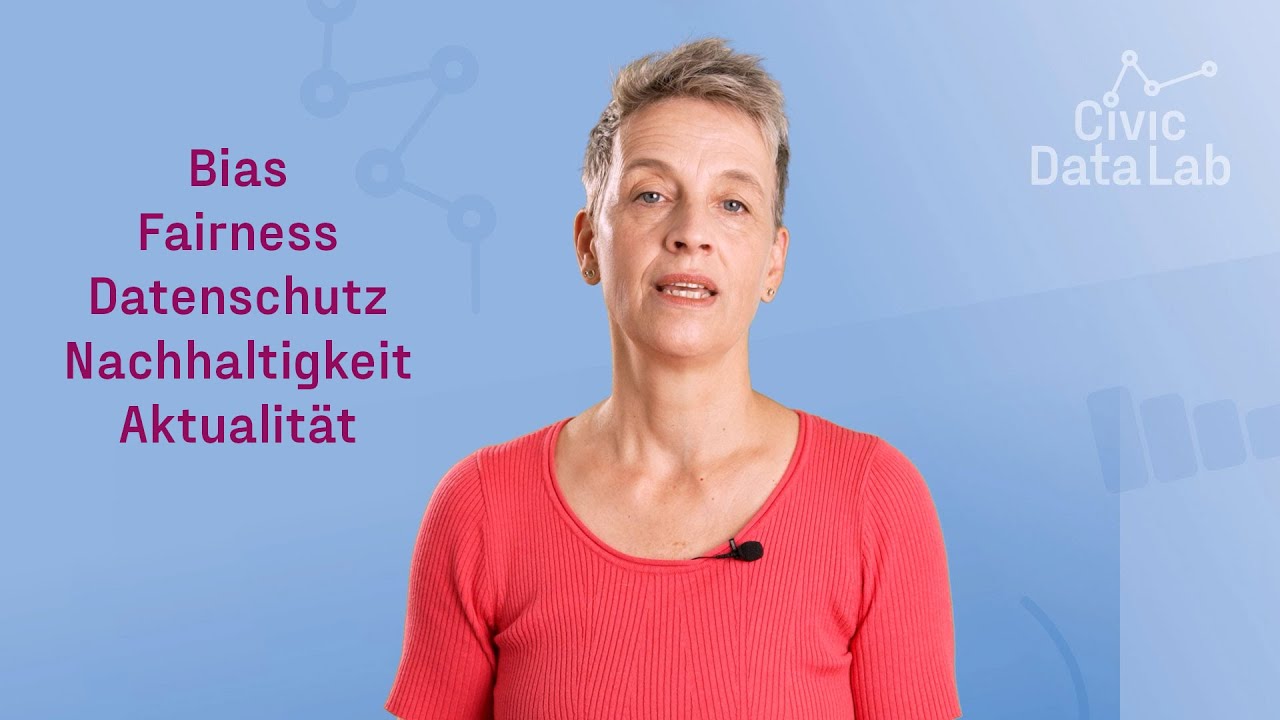 Ada Rhode neben den Stichworten Bias, Fairness, Datenschutz, Nachhaltigkeit, Aktualität
