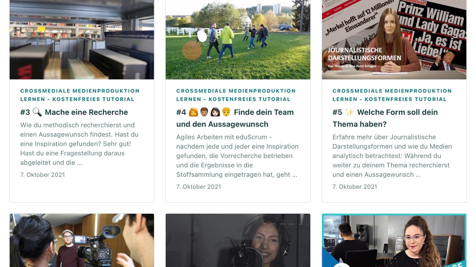 Bildschirmfoto der Tutorialübersicht mit Kacheln der einzelnen Folgen