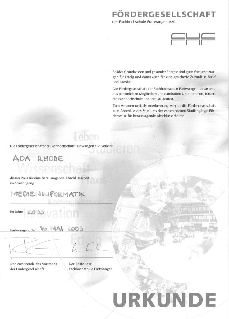 Herausragende Abschlussarbeit im Studiengang Medieninformatik, 2003, Ada Rhode