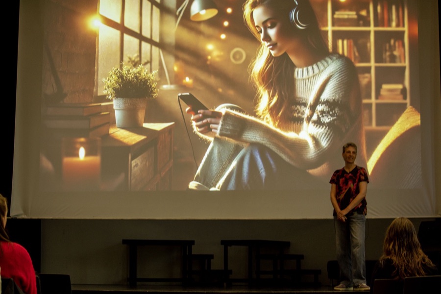 Ada Rhode steht vor einer grossen Leinwand in der Aula der Pädagogischen Hochschule Freiburg