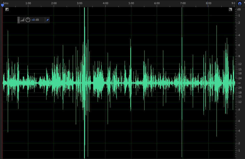 Diese Waveform zeigt, dass der Ton sehr ungleichmäßig aufgenommen wurde (Mono-Spur).